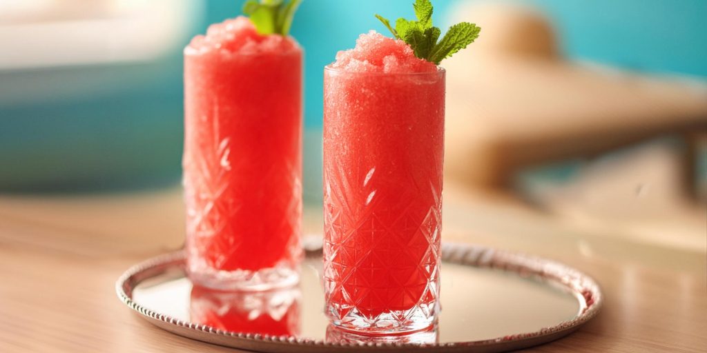 Two Strawberry Rum Slush cocktails served in elegant highball glasses on a silver tray