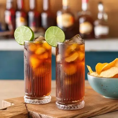 Two Long Island Iced Tea rum and tequila cocktails with lime wheel garnish and a bowl of crisps on the side