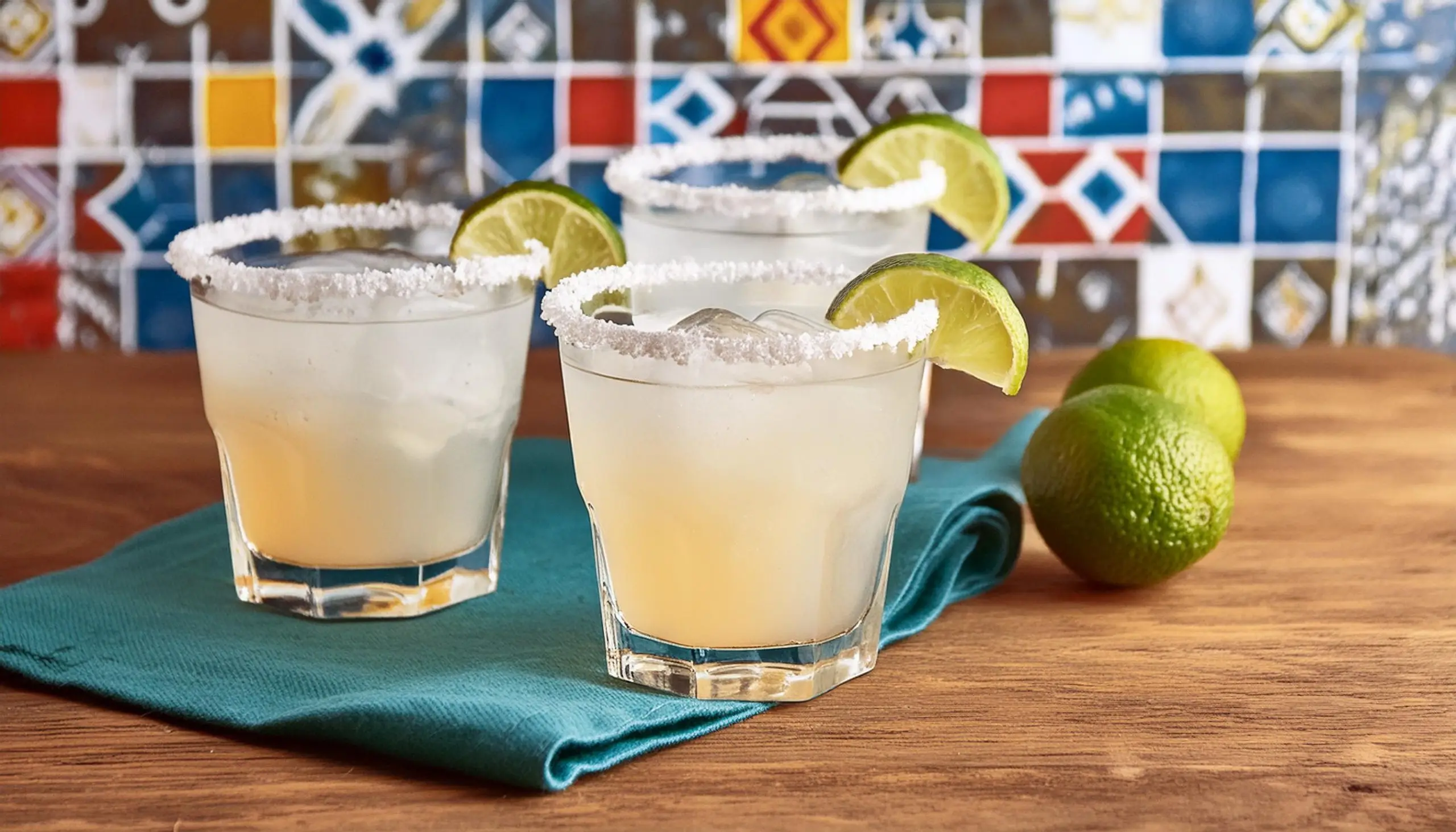 Three Añejo Margarita cocktails with salted rims and lime garnish