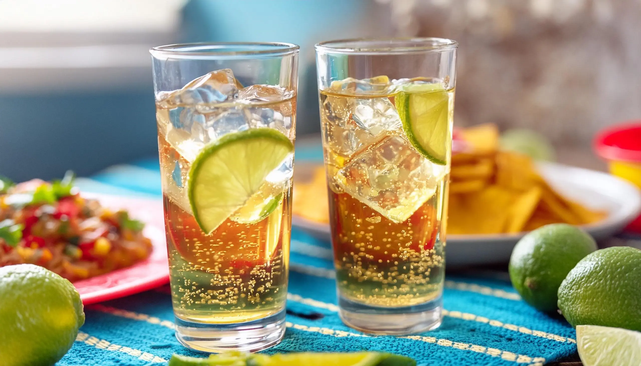 Close up of two Añejo Tequila highball cocktails with lime garnish