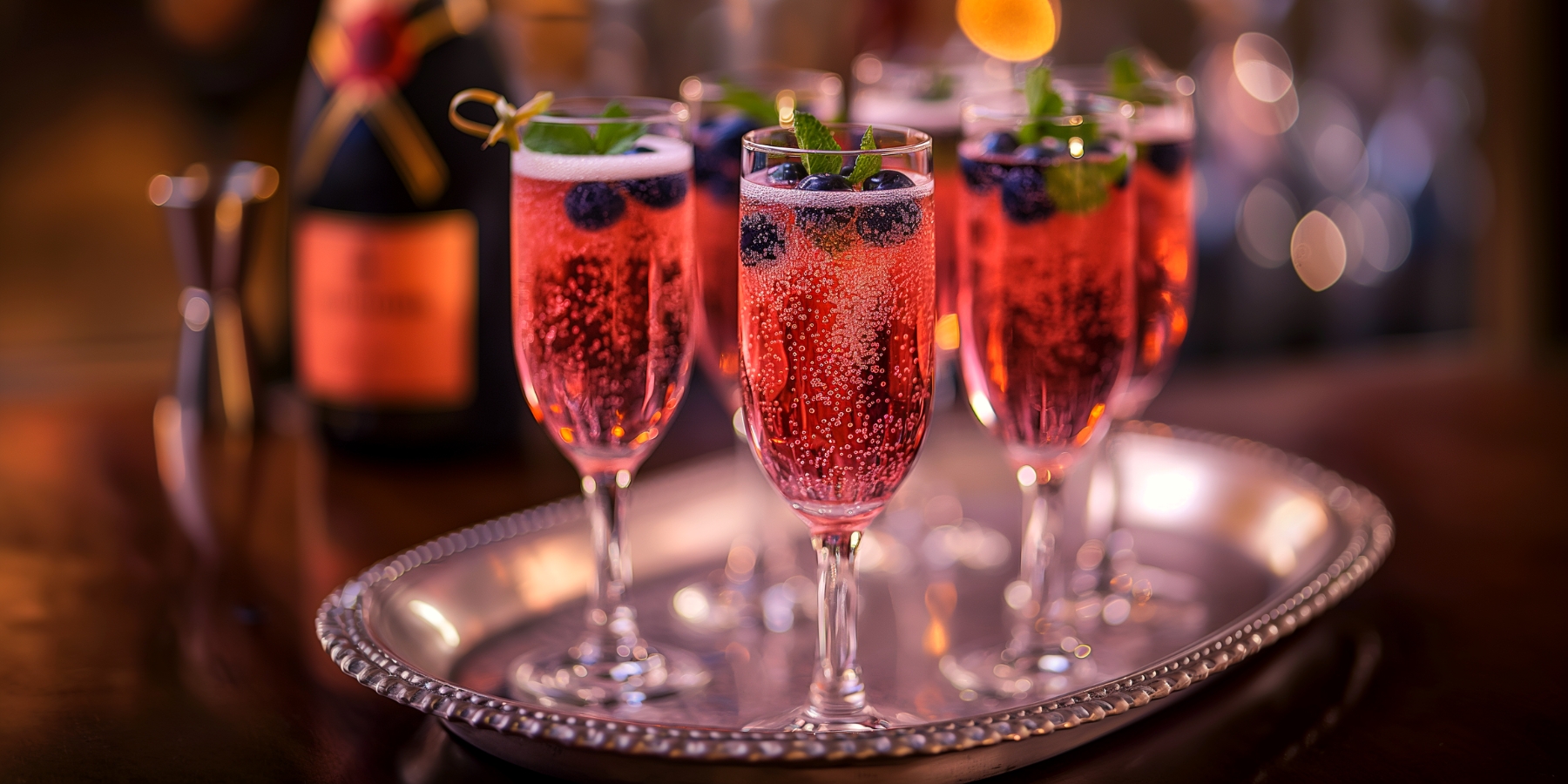 Flutes of blueberry juice and Champagne cocktails served on a silver tray