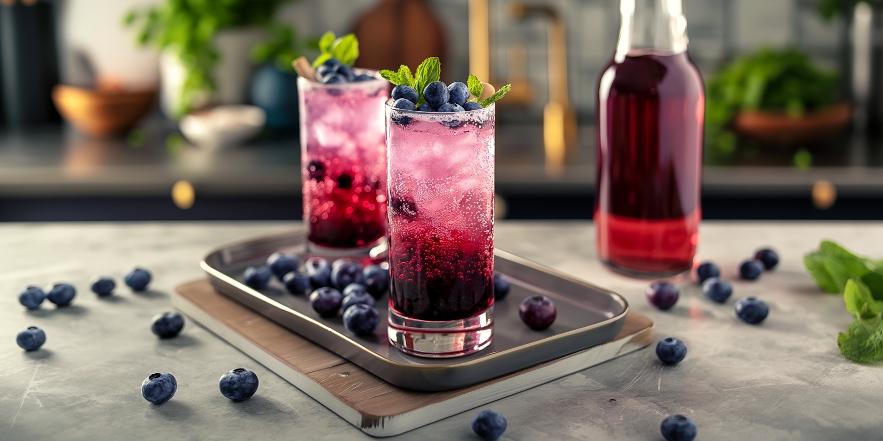 Two vibrant cocktails made with a blue curacao blueberry syrup substitute