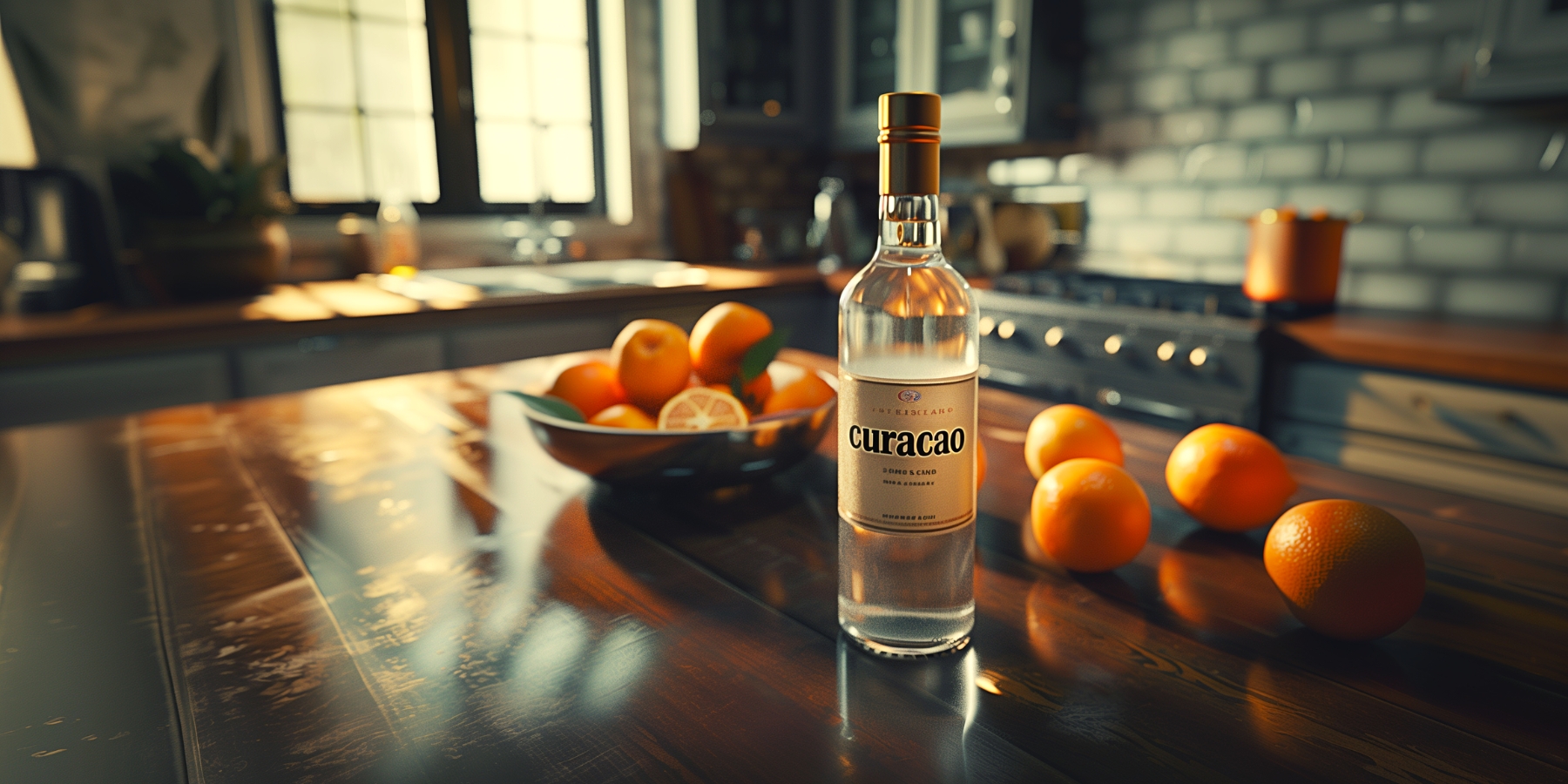 A bottle of clear curaçao on a kitchen counter with oranges