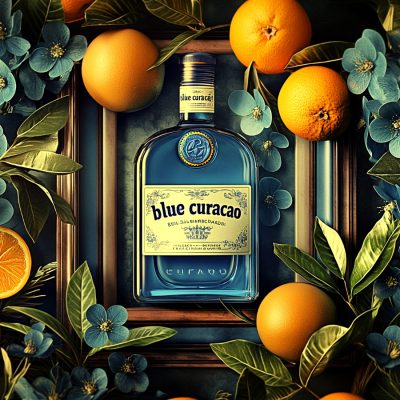 Classic Art Nouveau illustration of a bottle of blue curaçao substitute and oranges