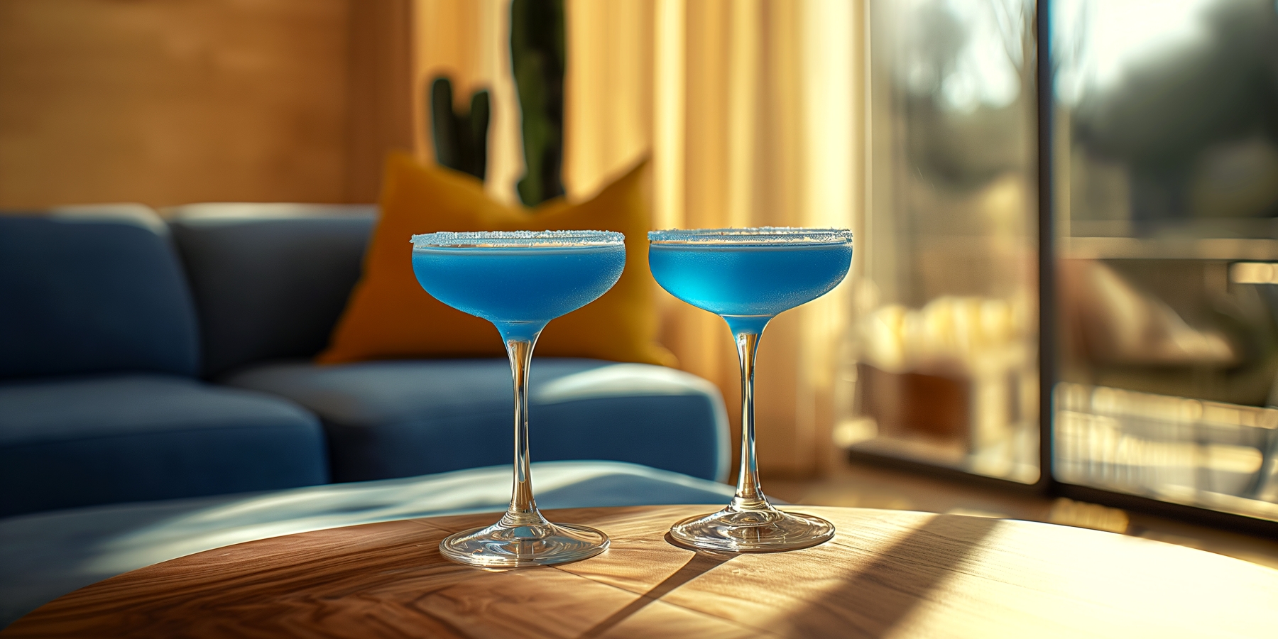 Two Blue Curaçao cocktails in coupe glasses served in a modern lounge setting