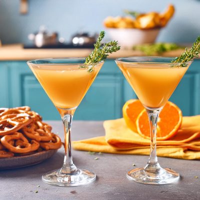 Two Clementine Martinis with fresh thyme garnish, served with pretzels in a modern kitchen