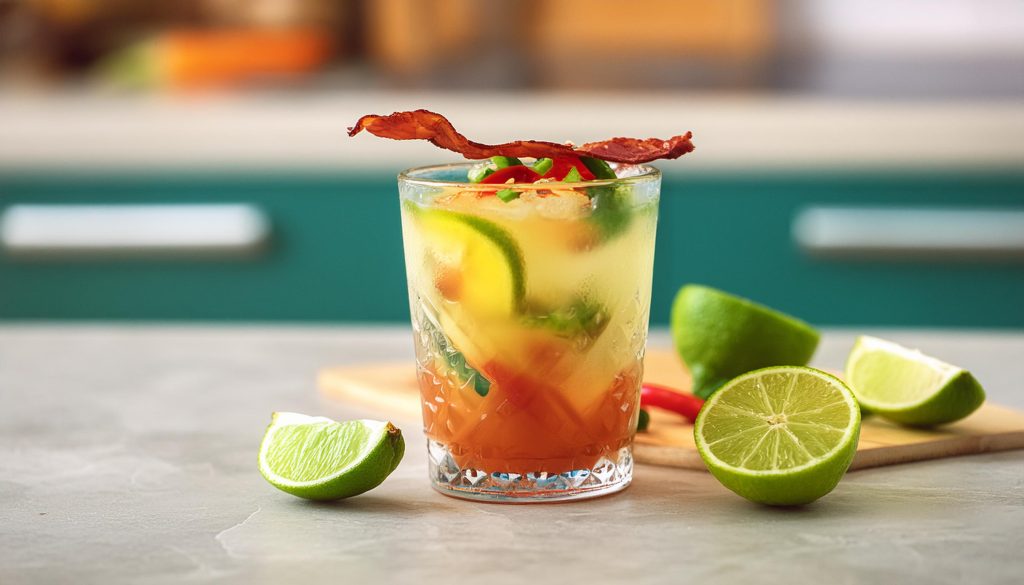 A Barbacoa culinary cocktail with lime, red pepper and bacon garnish