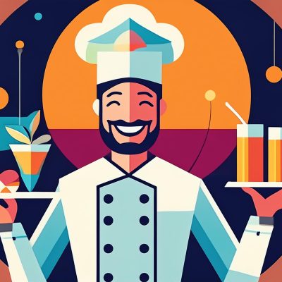 Illustration of a chef holding two trays of culinary cocktails, Bauhaus style illustration