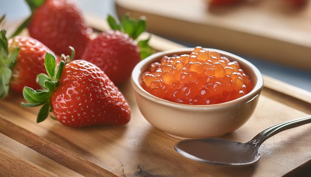 A bowl of strawberry caviar on a wooden board with a spoon and fresh strawberries 