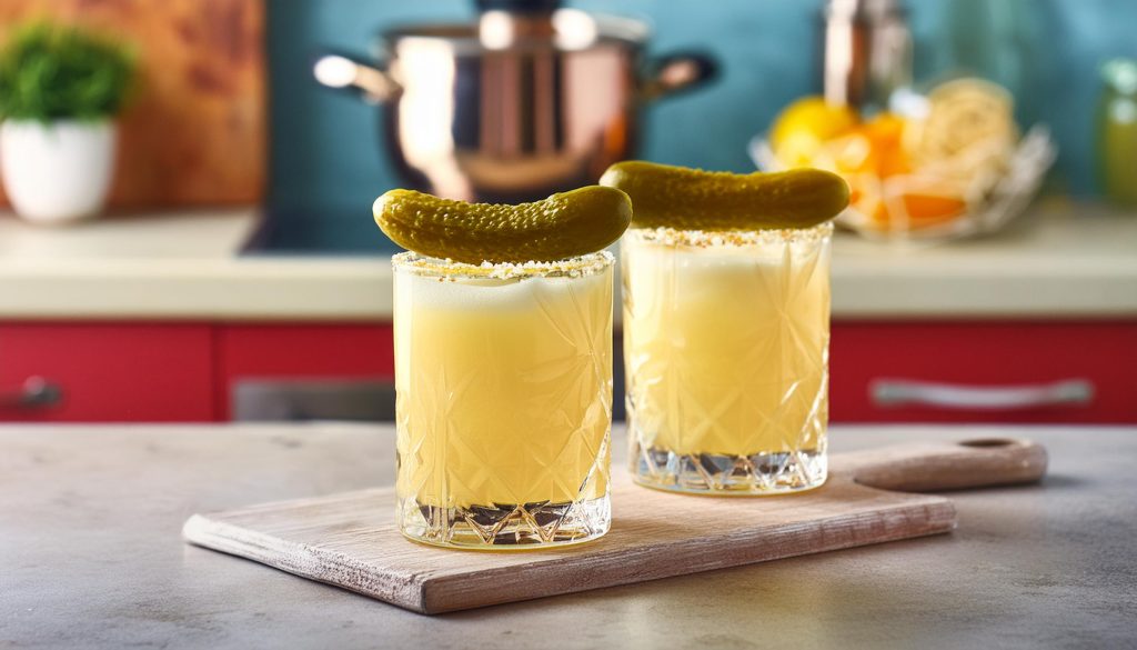 Two Pickle Juice Whiskey Sour cocktails with gherkin garnish