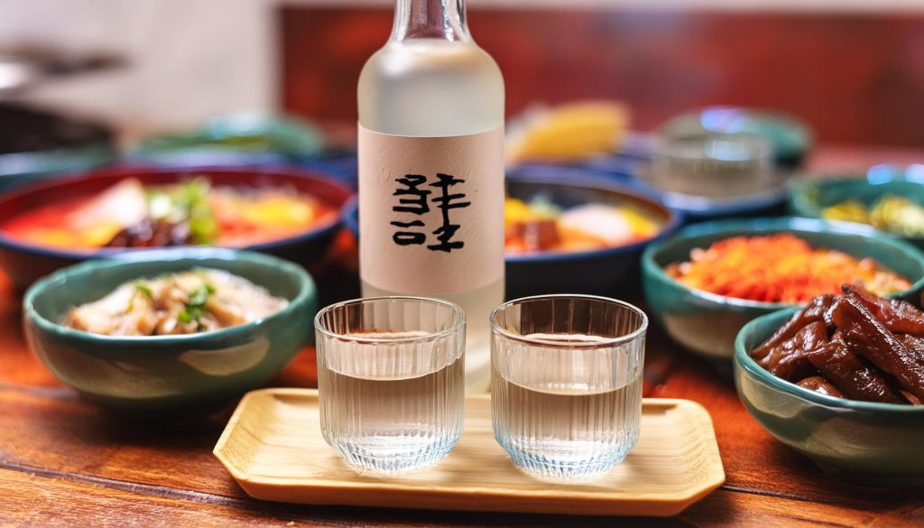 Two sipping glasses of clear spirit on a table next to a bottle of Korean spirit set on a table filled with Korean food