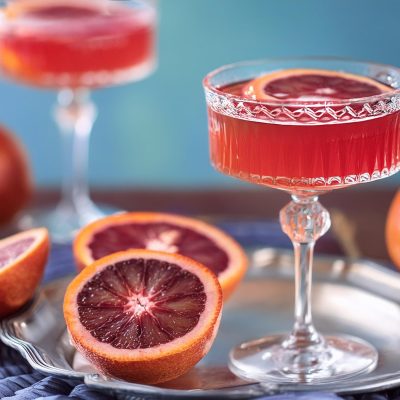 Close-up of a Blood Orange Cosmo on a silver tray