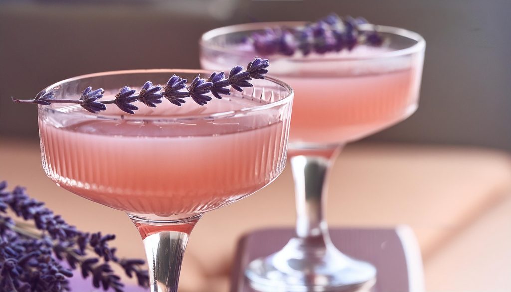 Close-up of two Lavender Cosmos with lavender garnish