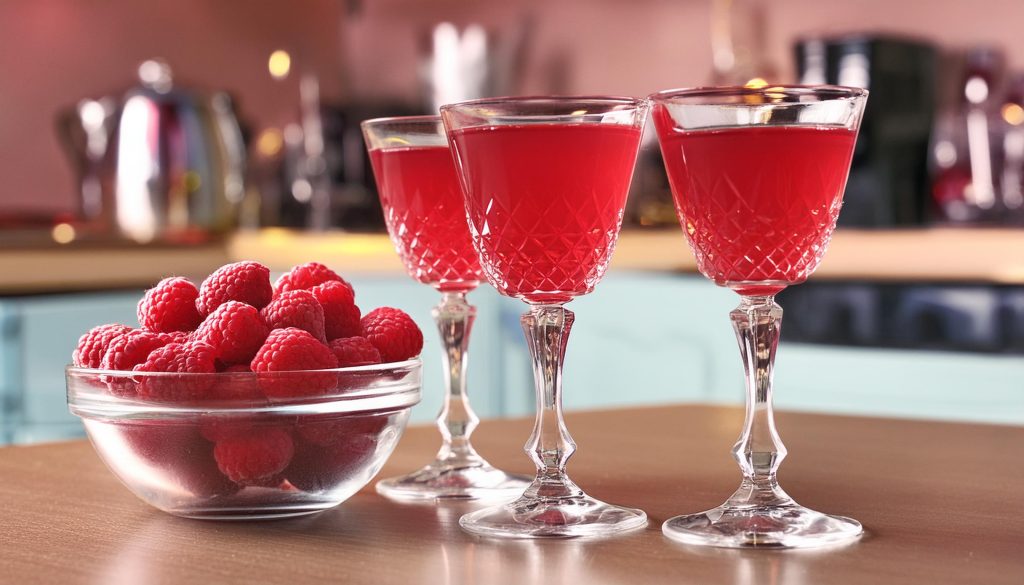 Three Raspberry Cosmos and a bowl of fresh raspberries in a kitchen