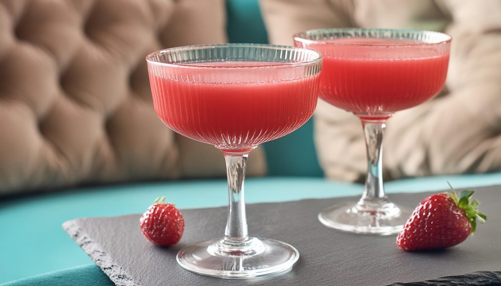 Two Strawberry Cosmo cocktails on black slate with fresh strawberries
