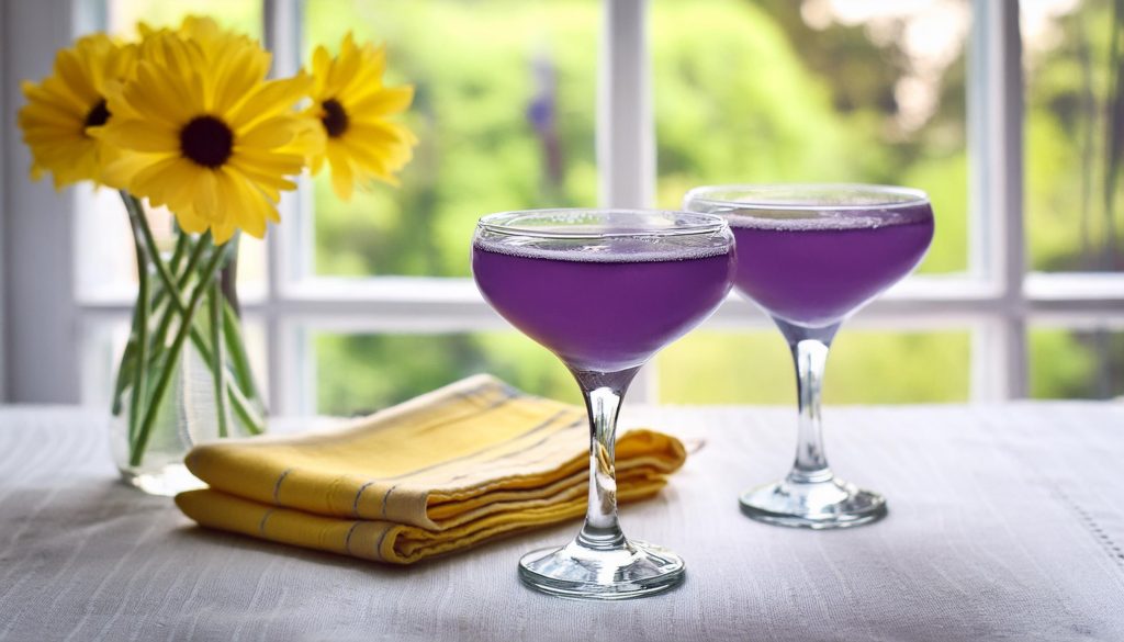 Two Violet Cosmos with a pile of yellow napkins and yellow flowers in the background