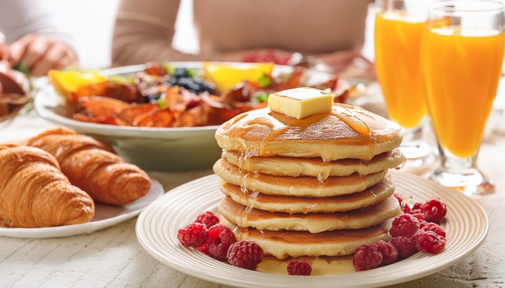 A stack of pancakes, croissants and Mimosas on a brunch table