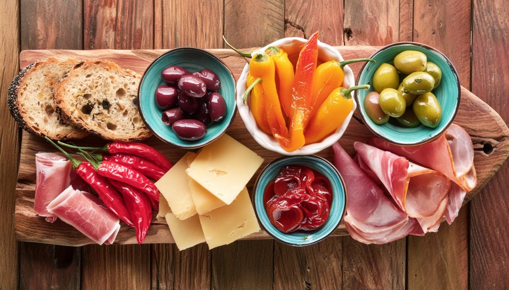 Top view of a colourful charcuterie board