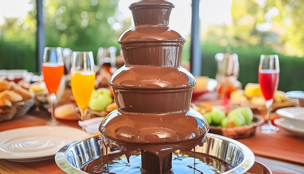 Closeup of a chocolate fountain, colourful cocktails and fruit in the background