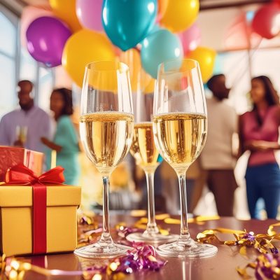 Closeup of three glasses of champagne and wrapped gifts on a table, people mingling in the background