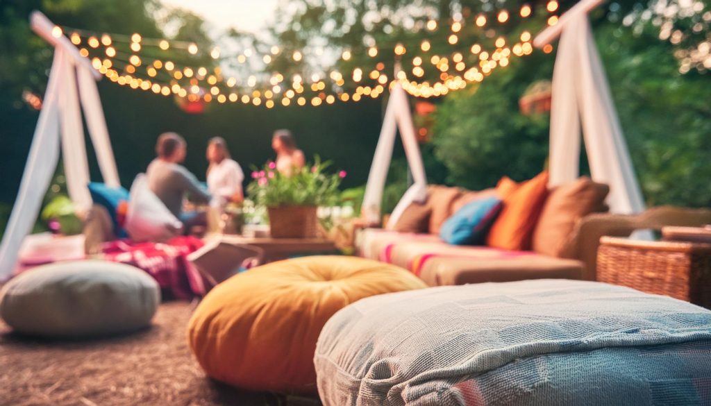Garden party setup with cozy seating and colourful cushions, fairy lights in the background