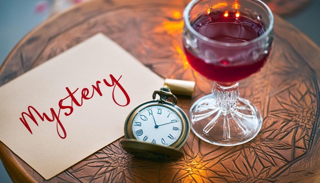 A glass of red wine, clue card, pocket watch on a table for a murder mystery party