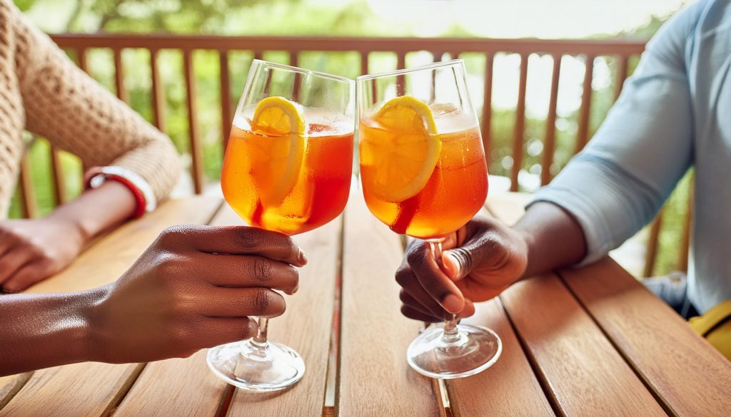 Two hands clinking together Aperol Spritz cocktails while seated at a wooden table