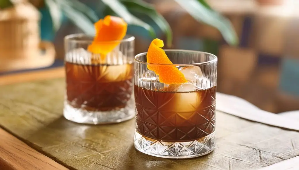 Two Bourbon Coffee Old Fashioned cocktails garnished with an orange twist each, on a table in a home lounge 