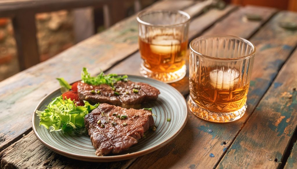 Two mixed bourbon cocktails on a wooden table outside next to a plate of perfectly grilled steak