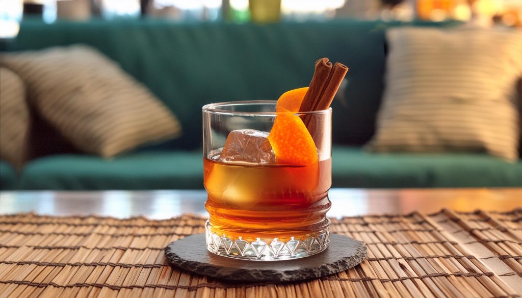 An Old Fashioned cocktai made with spiced honey syrup, garnished with a cinnamon stick and orange twist