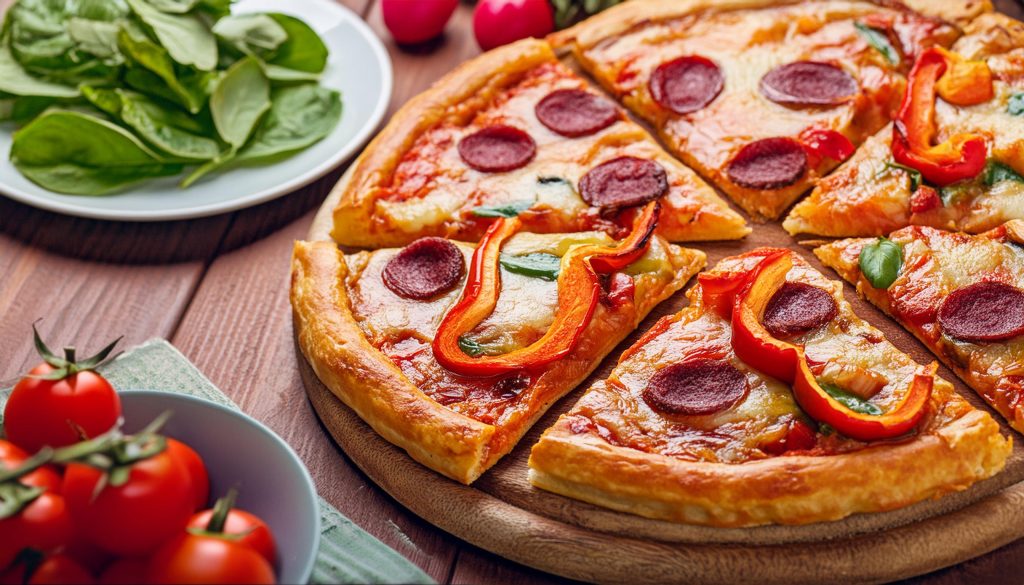 Close up of a pepperoni and pepper pizza to serve as a main meal alongside a Negroni with sweet vermouth