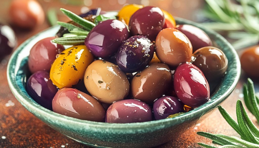 Close up of a bowl of marinated olives in a little blue bowl