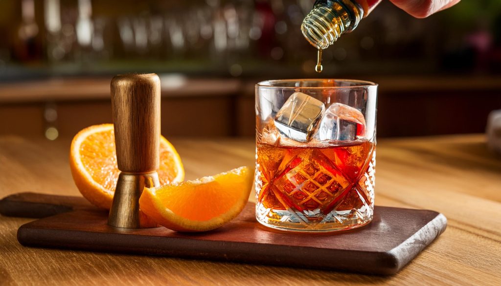 Bitters being added to an Old Fashioned cocktail