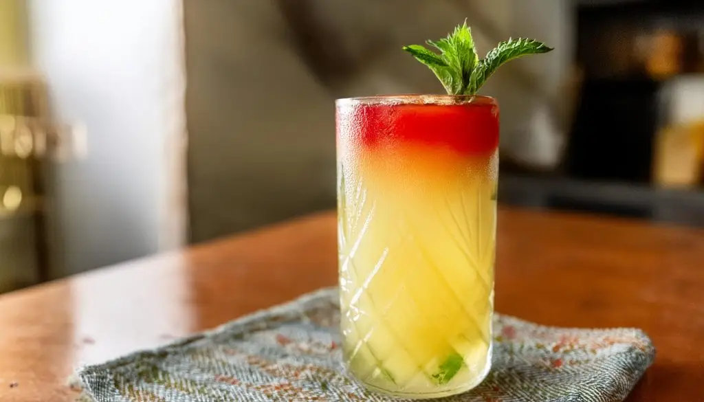 A closeup of a Wray and Nephew Pineapple Planters Punch with fresh mint garnish 