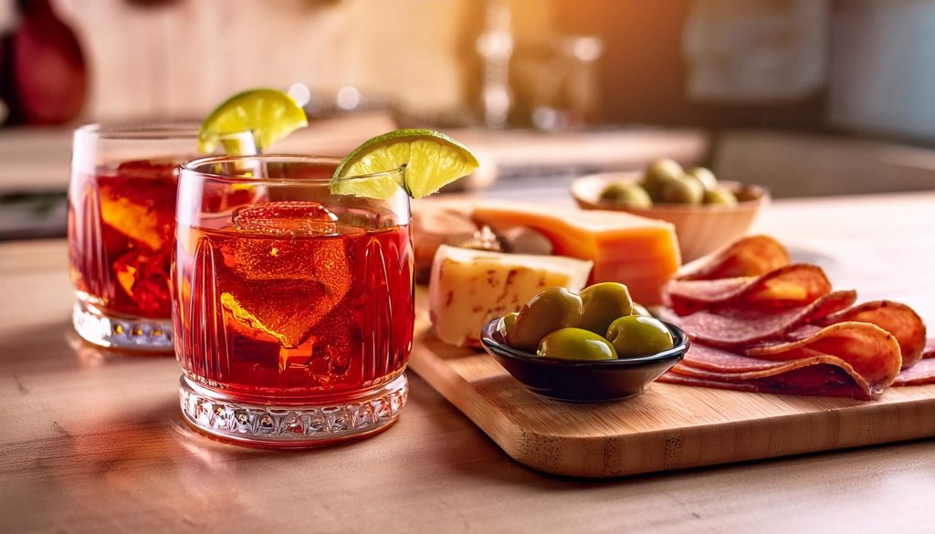 Two Tequila Negroni cocktails served with a cheese and cured meat board