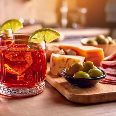 Two Tequila Negroni cocktails served with a cheese and cured meat board