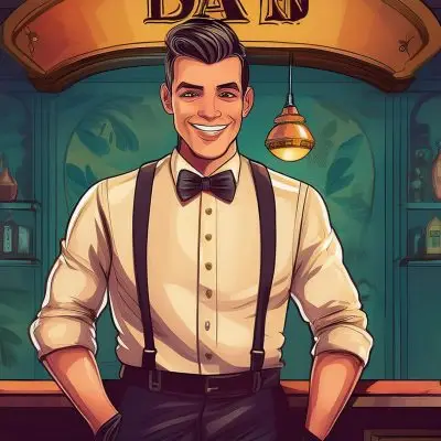 An art nouveau illustration of a 19th century bartender wearing a bowtie and suspenders, standing in front of a bar