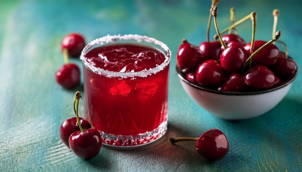 A muddled Cherry Margarita cocktail with a bowl of fresh cherries on a turquoise surface