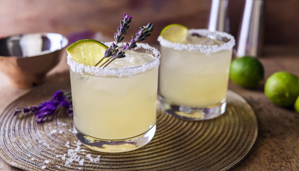 Two Lime Margaritas with lavender garnish 