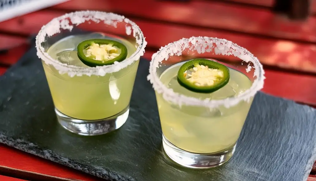 Two Spicy Margarita cocktails in salt-rimmed glasses and sliced jalapeño garnish 