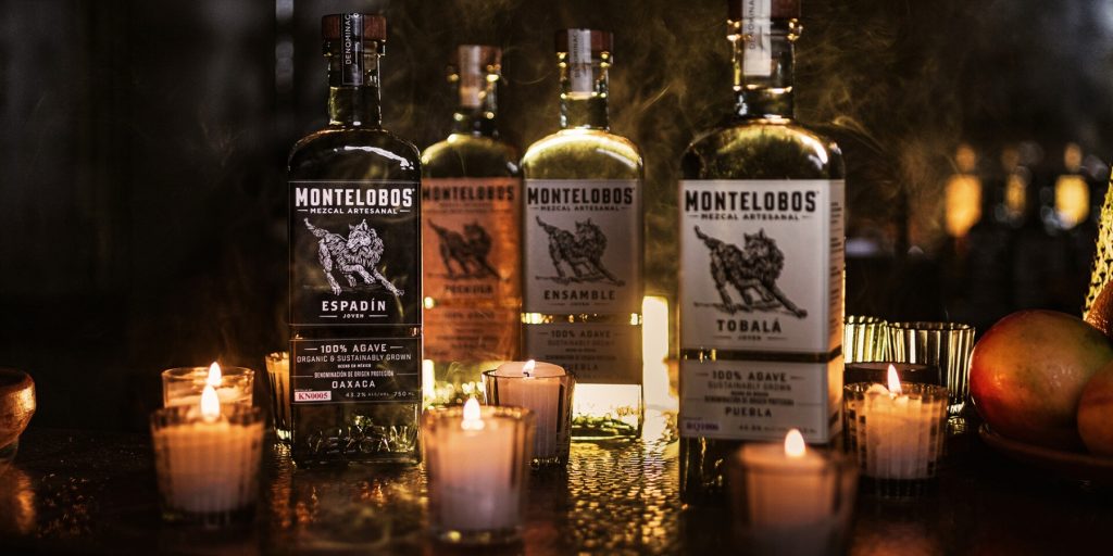 Four bottles of Montelobos Mezcal in different varieties