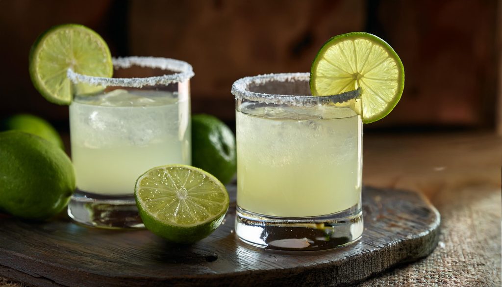 Close-up of two Montelobos Mezcal Margarita cocktails with lime wheel garnish served in salt rimmed glasses