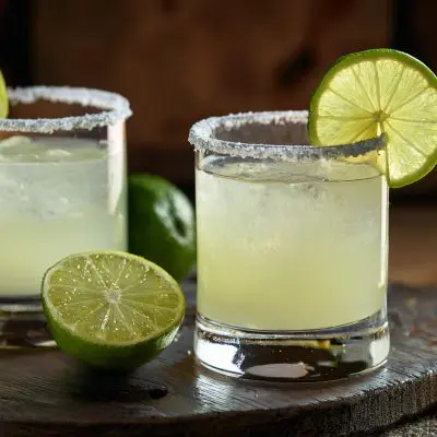 Close-up of two Montelobos Mezcal Margarita cocktails with lime wheel garnish served in salt rimmed glasses