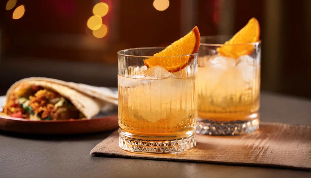 Two Montelobos Mezcal Old Fashioned cocktails with orange wedge garnish served with a burrito