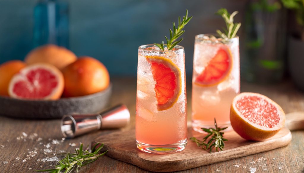 Close-up of two Montelobos Mezcal Paloma cocktails with fresh grapefruit and rosemary garnish