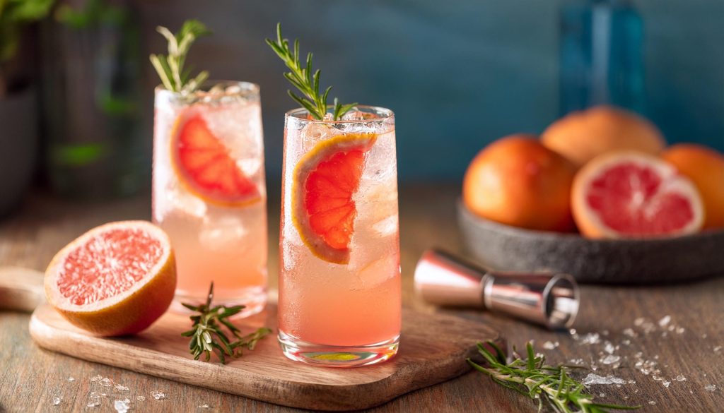 Close-up of two Montelobos Mezcal Paloma cocktails with fresh grapefruit and rosemary garnish