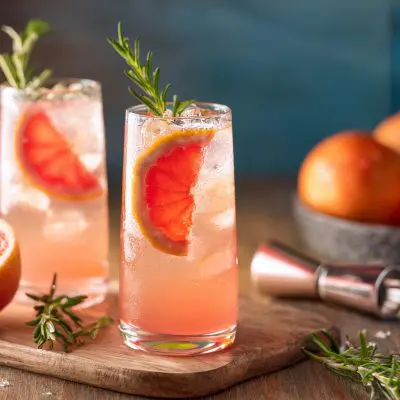 Close-up of two Montelobos Mezcal Paloma cocktails with fresh grapefruit and rosemary garnish