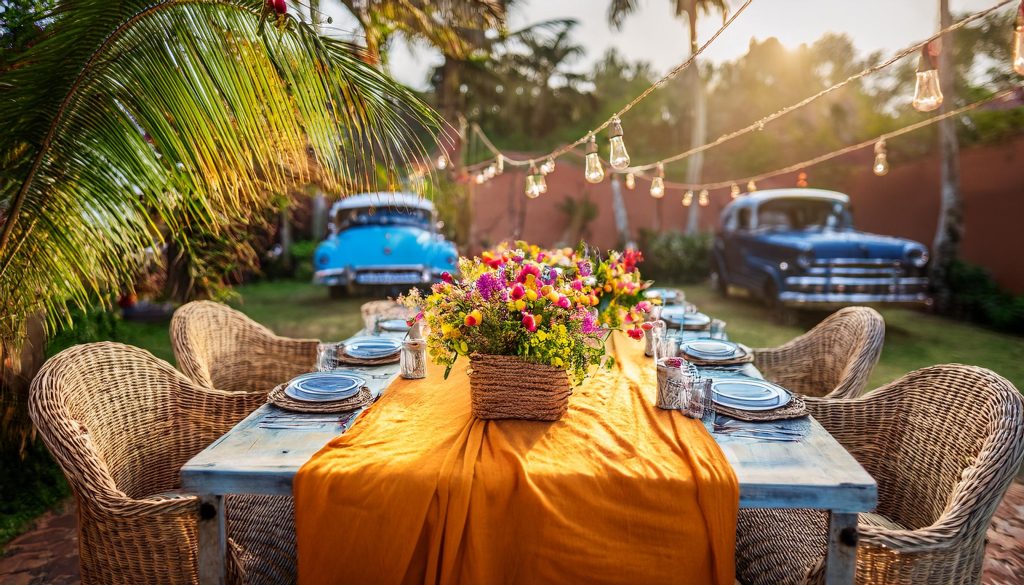 A Cuban-themed table setup with 1950s cars in the background