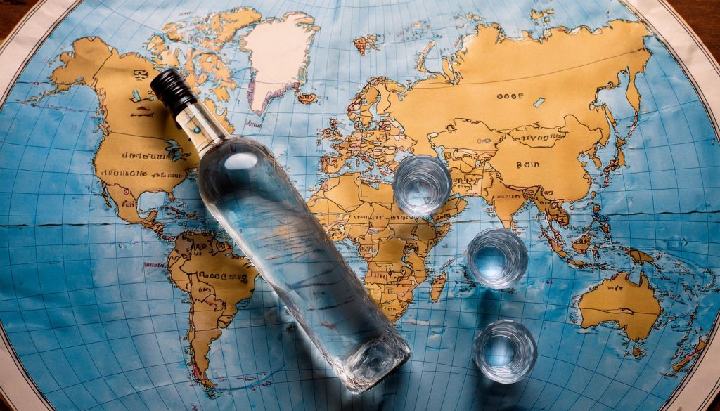 A bottle of vodka lying on top of a world map with glasses filled with vodka next to it