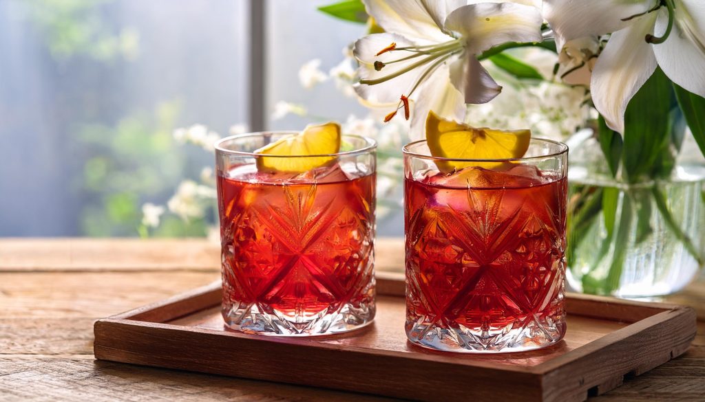 Two Dear Jane cocktails served by a window with a vase of white lilies in the background